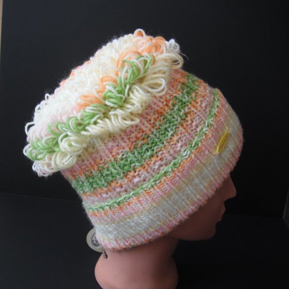 Hand Knitted Hat Toque Adult Size - L-M  Acrylic Pink/Yellow 026 Hand knit by me - Picture 4 of 7